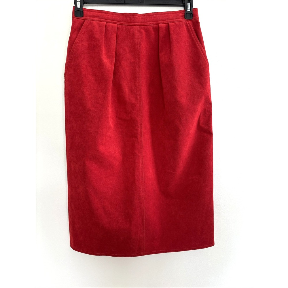 Bill Blass Blassuede Ultrasuede Red Pencil Skirt Vintage High Waist Midi Red 12